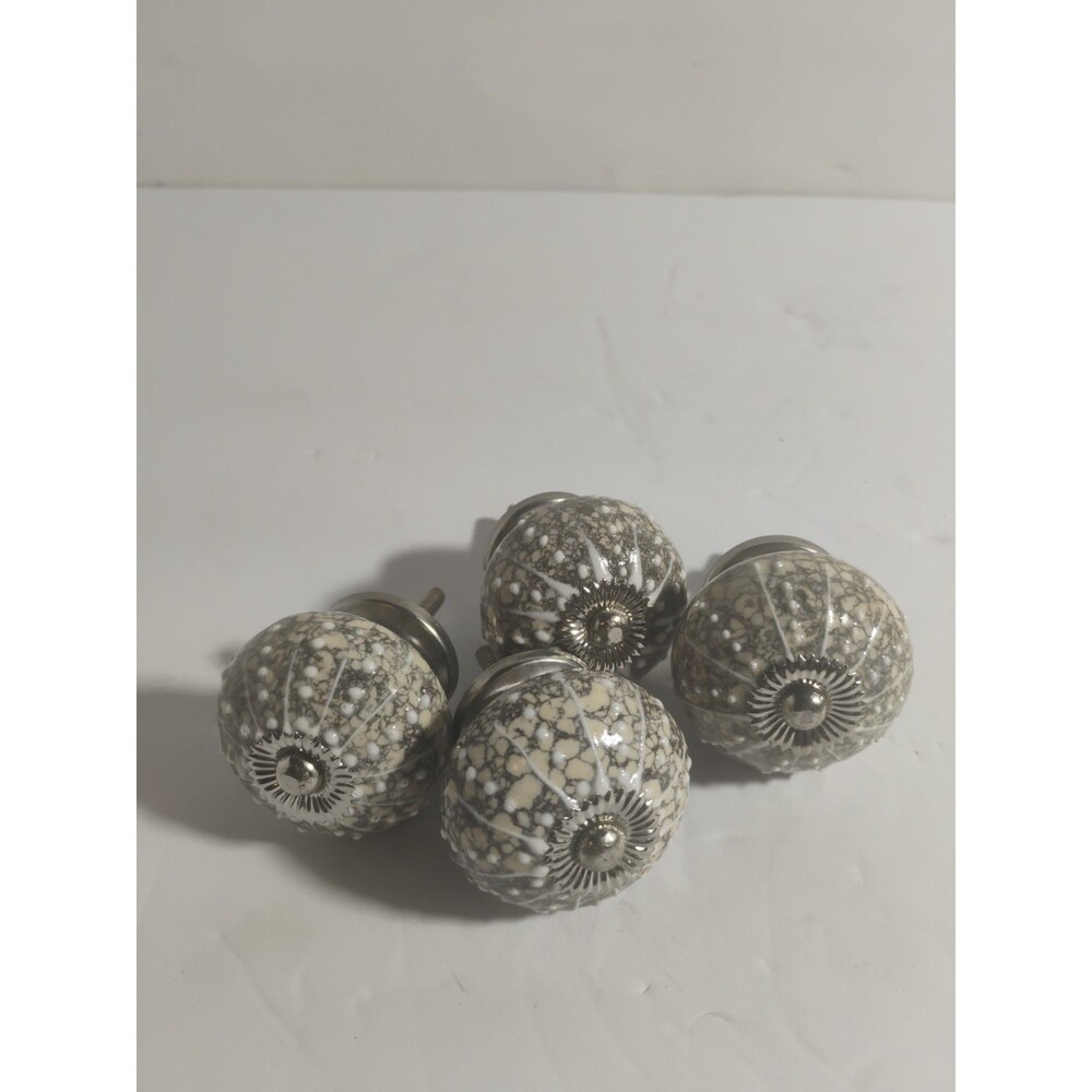 Lot of 4 Sea Urchin Ceramic Drawer Knob Pulls Gray White Beige Silver 1.5"